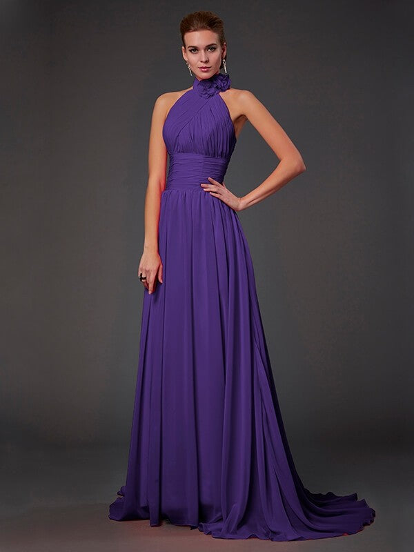 Charming Halter Sleeveless Hand-Made Flower Long Chiffon Bridesmaid Dresses-Ballbella