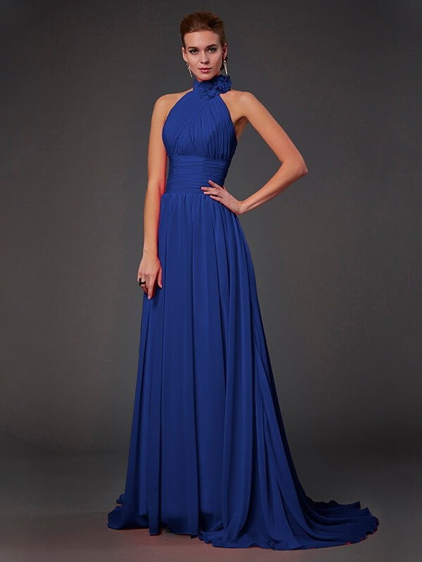 Charming Halter Sleeveless Hand-Made Flower Long Chiffon Bridesmaid Dresses-Ballbella