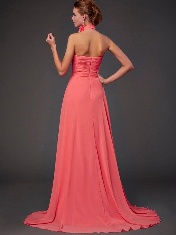 Charming Halter Sleeveless Hand-Made Flower Long Chiffon Bridesmaid Dresses-Ballbella