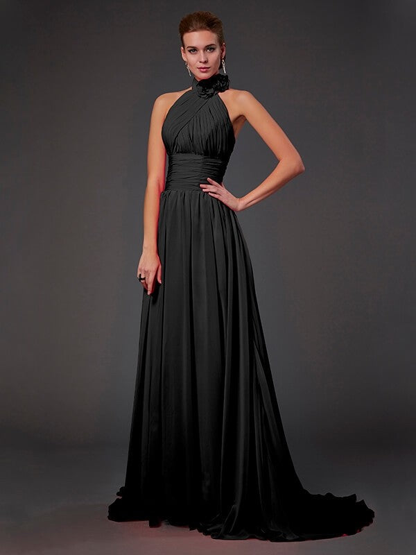 Charming Halter Sleeveless Hand-Made Flower Long Chiffon Bridesmaid Dresses-Ballbella