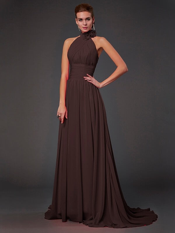 Charming Halter Sleeveless Hand-Made Flower Long Chiffon Bridesmaid Dresses-Ballbella