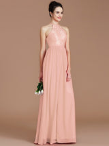 Charming Halter Sleeveless Lace Chiffon Bridesmaid Dresses-Ballbella