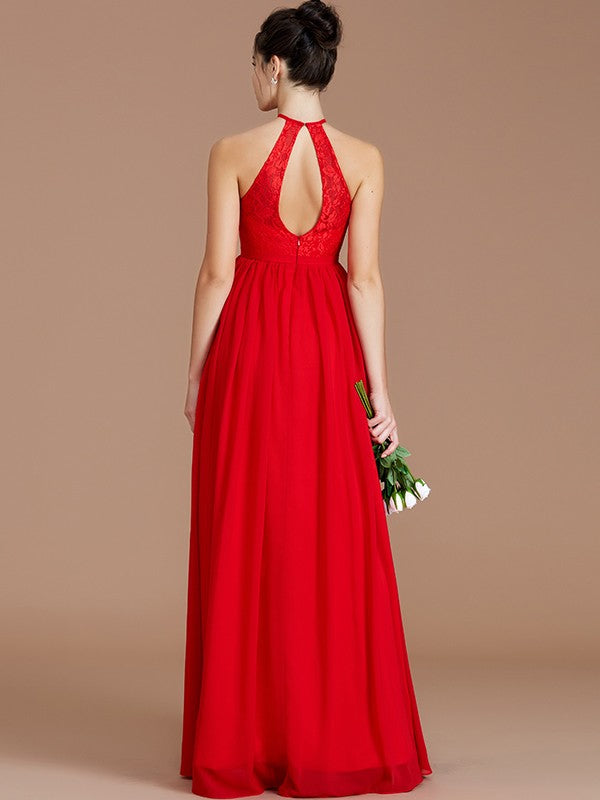 Charming Halter Sleeveless Lace Chiffon Bridesmaid Dresses-Ballbella