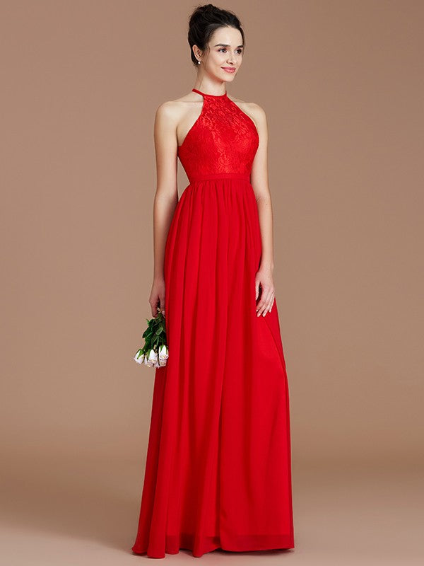 Charming Halter Sleeveless Lace Chiffon Bridesmaid Dresses-Ballbella