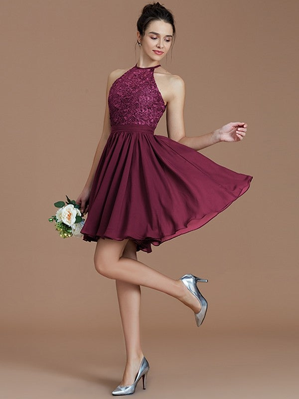 blue dress for baby girl Charming Halter Sleeveless Lace Short/Mini Chiffon Bridesmaid Dresses
