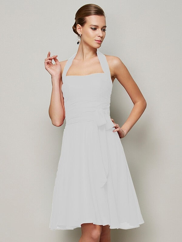 Charming Halter Sleeveless Pleats Bowknot Short Chiffon Bridesmaid Dresses-Ballbella