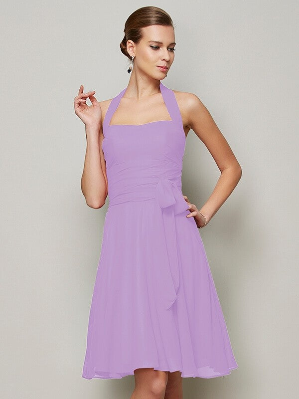 Charming Halter Sleeveless Pleats Bowknot Short Chiffon Bridesmaid Dresses-Ballbella