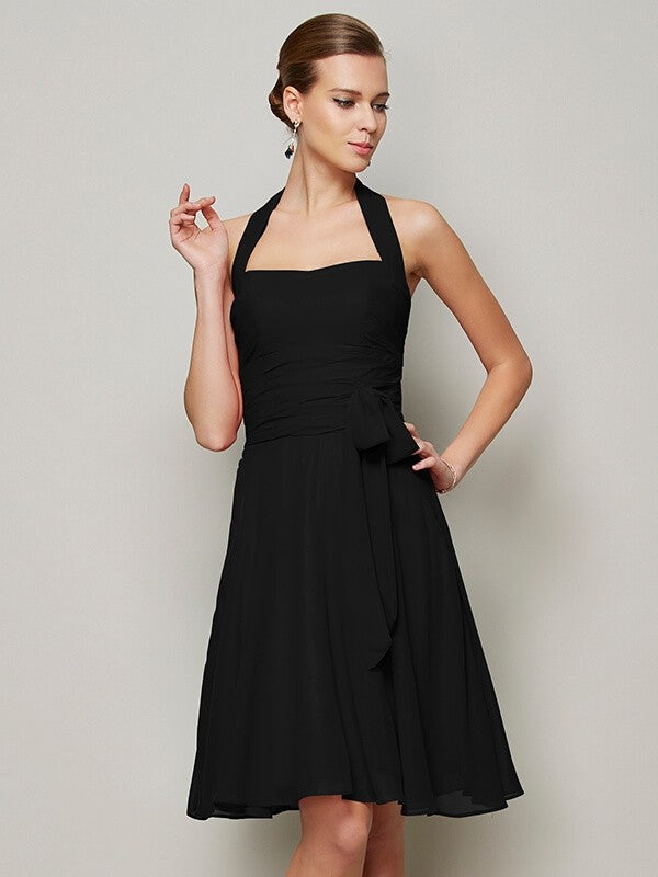 Charming Halter Sleeveless Pleats Bowknot Short Chiffon Bridesmaid Dresses-Ballbella