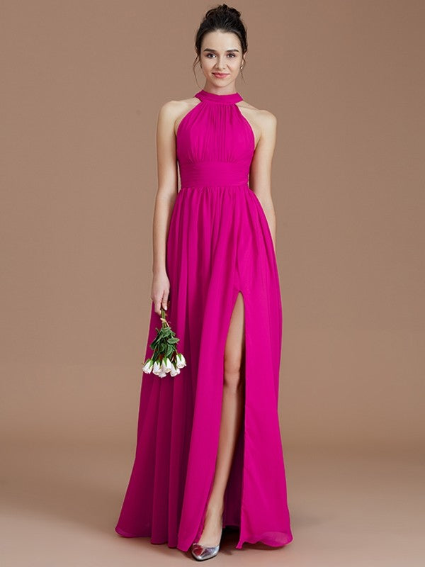 Charming Halter Sleeveless Ruched Chiffon Bridesmaid Dresses-Ballbella