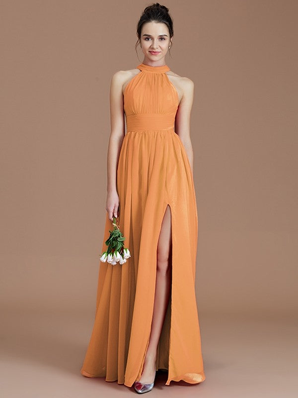 Charming Halter Sleeveless Ruched Chiffon Bridesmaid Dresses-Ballbella
