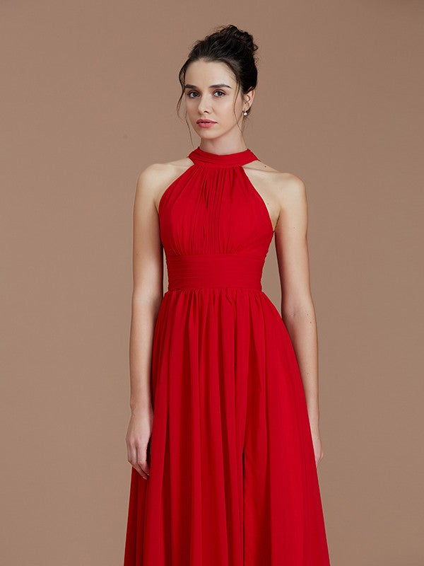 Charming Halter Sleeveless Ruched Chiffon Bridesmaid Dresses-Ballbella