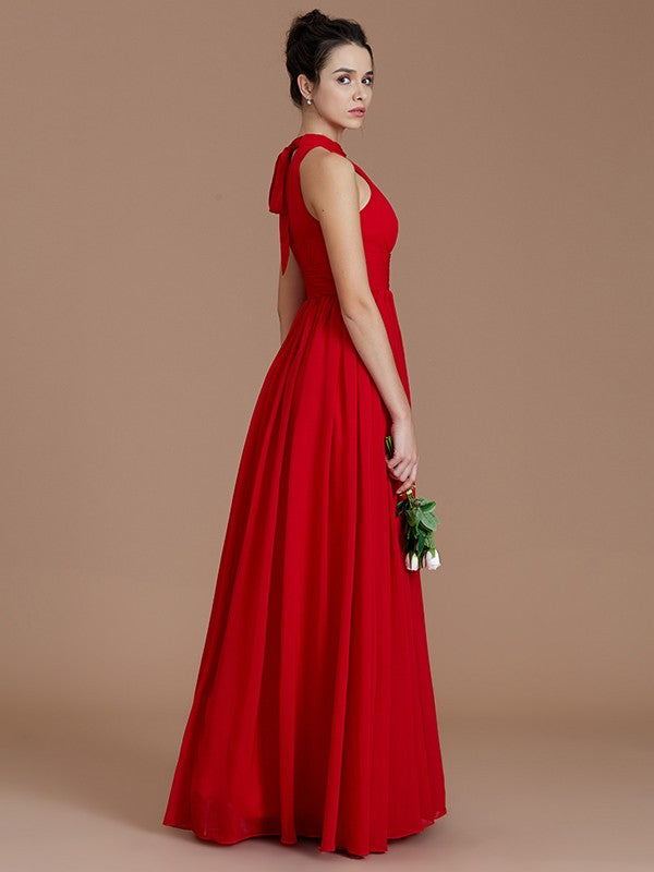 Charming Halter Sleeveless Ruched Chiffon Bridesmaid Dresses-Ballbella