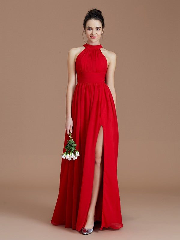 Charming Halter Sleeveless Ruched Chiffon Bridesmaid Dresses-Ballbella