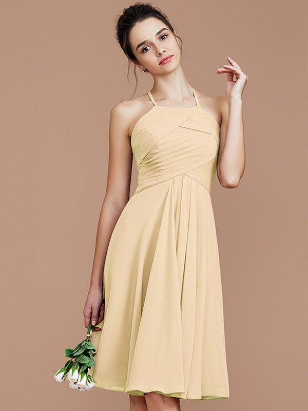 Charming Halter Sleeveless Ruched Short/Mini Chiffon Bridesmaid Dresses-Ballbella