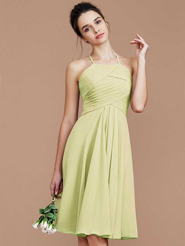 Charming Halter Sleeveless Ruched Short/Mini Chiffon Bridesmaid Dresses-Ballbella