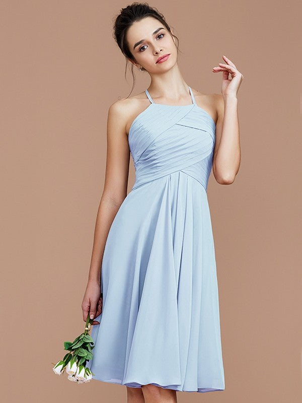 Charming Halter Sleeveless Ruched Short/Mini Chiffon Bridesmaid Dresses-Ballbella