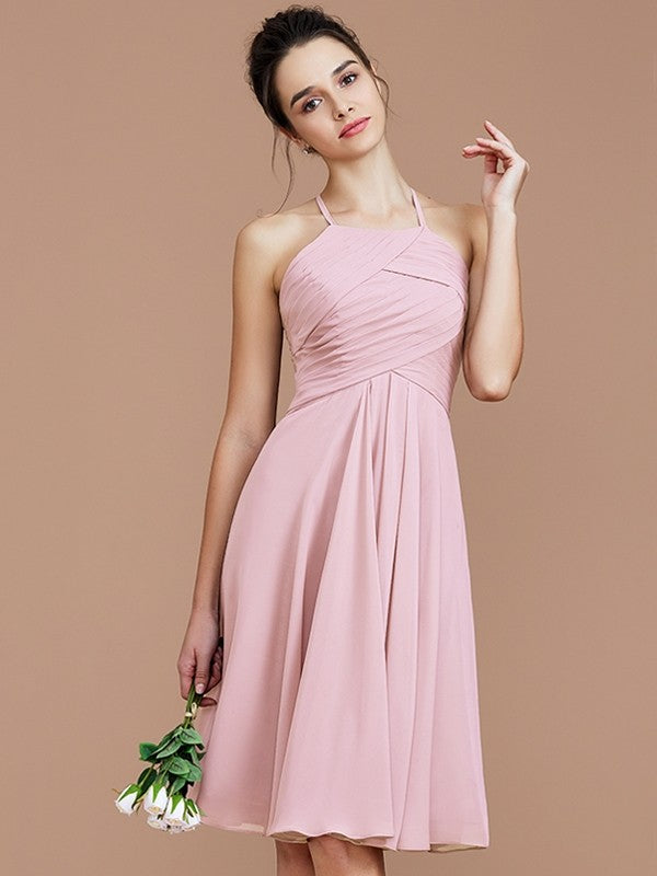 Charming Halter Sleeveless Ruched Short/Mini Chiffon Bridesmaid Dresses-Ballbella