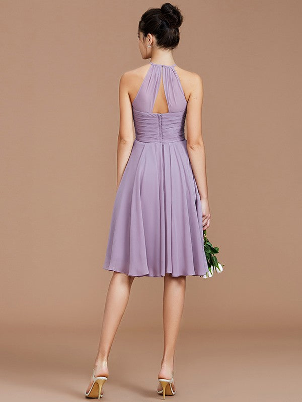 Charming Halter Sleeveless Ruched Short/Mini Chiffon Bridesmaid Dresses-Ballbella