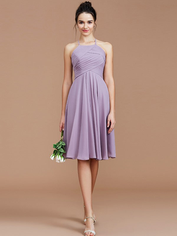 Charming Halter Sleeveless Ruched Short/Mini Chiffon Bridesmaid Dresses-Ballbella