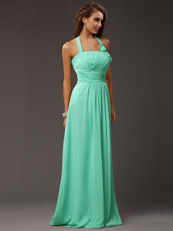 Charming Halter Sleeveless Ruffles Long Chiffon Bridesmaid Dresses-Ballbella