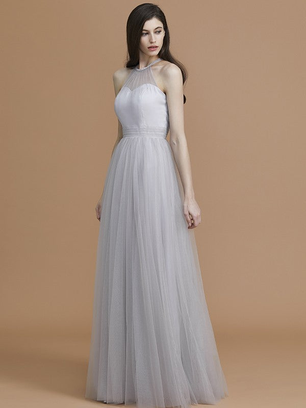 A-Line Charming Halter Sleeveless Ruffles Tulle Bridesmaid Dresses