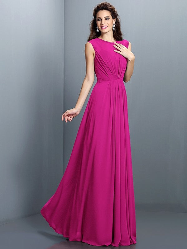 Charming High Neck Pleats Sleeveless Long Chiffon Bridesmaid Dresses-Ballbella
