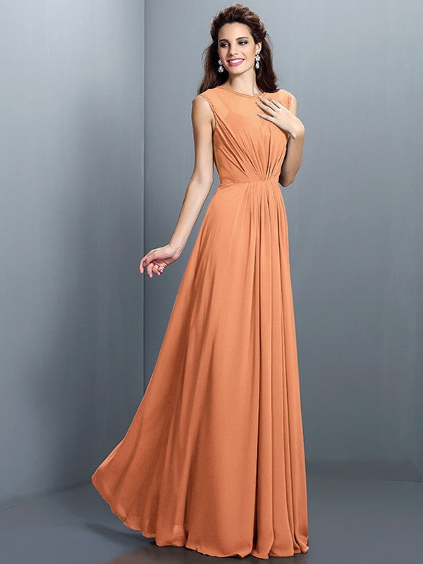 Charming High Neck Pleats Sleeveless Long Chiffon Bridesmaid Dresses-Ballbella