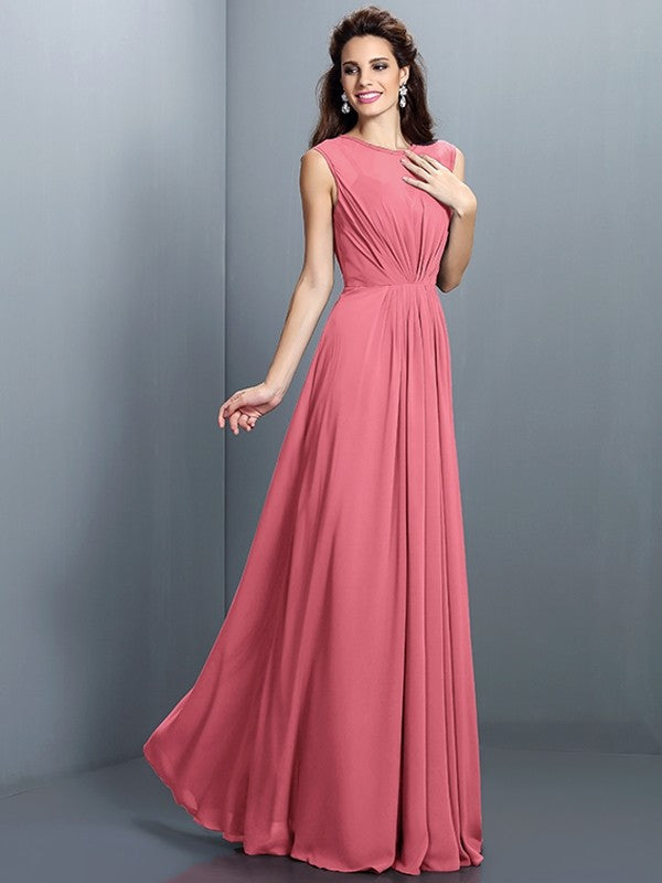 Charming High Neck Pleats Sleeveless Long Chiffon Bridesmaid Dresses-Ballbella