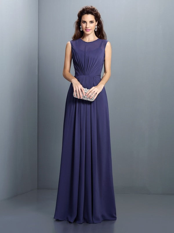 Charming High Neck Pleats Sleeveless Long Chiffon Bridesmaid Dresses-Ballbella