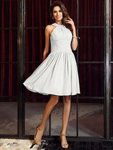 Charming High Neck Pleats Sleeveless Short Chiffon Bridesmaid Dresses-Ballbella
