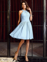 Charming High Neck Pleats Sleeveless Short Chiffon Bridesmaid Dresses-Ballbella