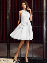 Charming High Neck Pleats Sleeveless Short Chiffon Bridesmaid Dresses-Ballbella