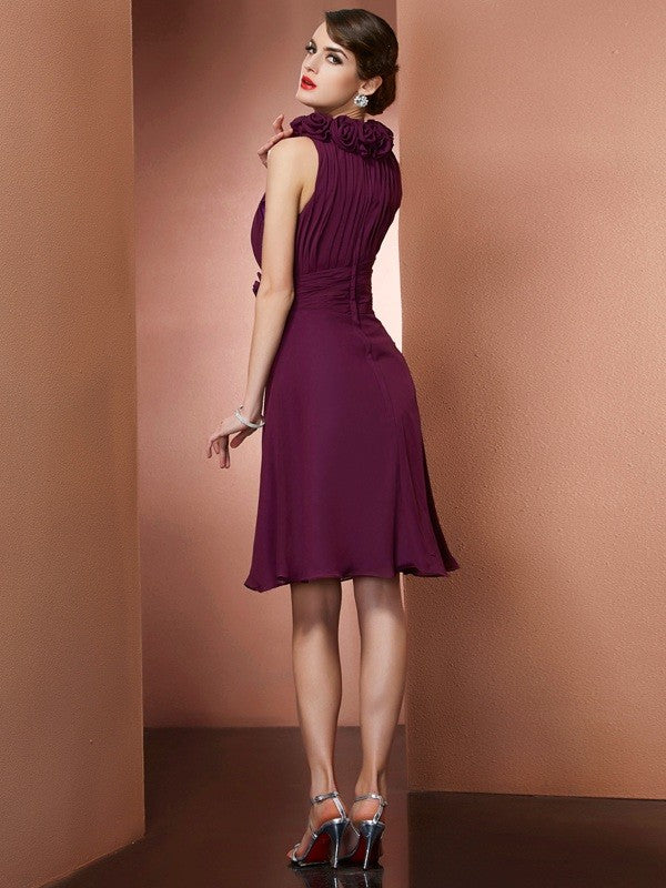 Charming High Neck Sleeveless Hand-Made Flower Short Chiffon Bridesmaid Dresses-Ballbella
