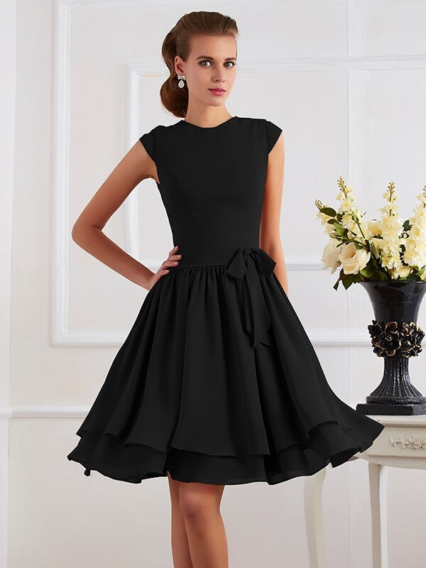 Charming High Neck Sleeveless Sash/Ribbon/Belt Short Chiffon Bridesmaid Dresses-Ballbella
