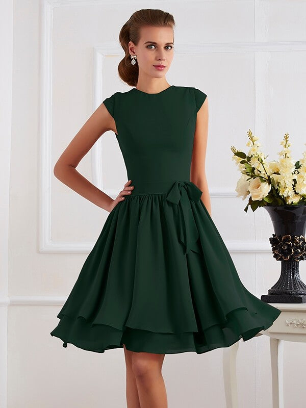 Charming High Neck Sleeveless Sash/Ribbon/Belt Short Chiffon Bridesmaid Dresses-Ballbella