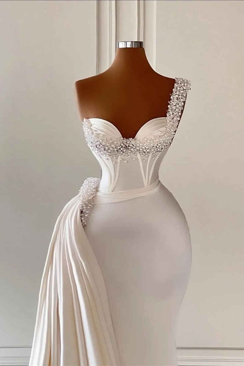 Charming Ivory One Shoulder Sleeveless Sweetheart A-line Bridal Dress With Beads-Ballbella
