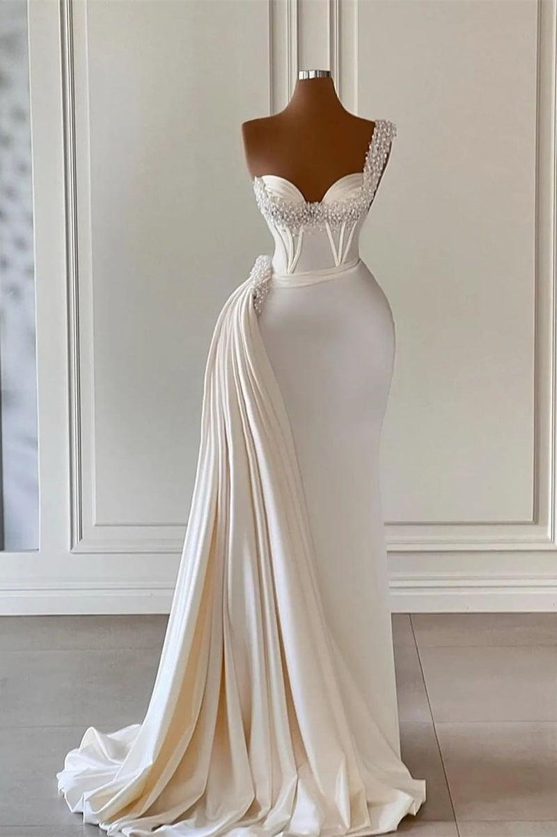 Charming Ivory One Shoulder Sleeveless Sweetheart A-line Bridal Dress With Beads-Ballbella
