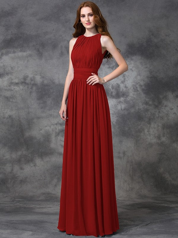 Charming Jewel Ruched Sleeveless Long Chiffon Bridesmaid Dresses-Ballbella