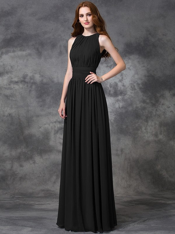 Charming Jewel Ruched Sleeveless Long Chiffon Bridesmaid Dresses-Ballbella