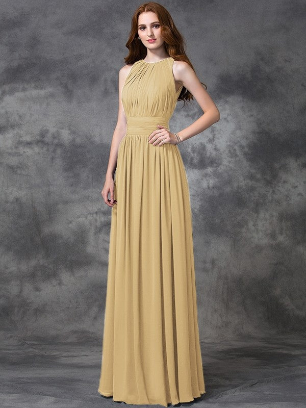 Charming Jewel Ruched Sleeveless Long Chiffon Bridesmaid