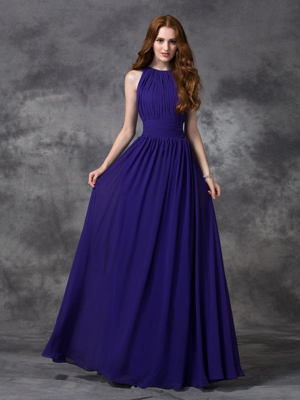 Charming Jewel Ruched Sleeveless Long Chiffon Bridesmaid Dresses-Ballbella