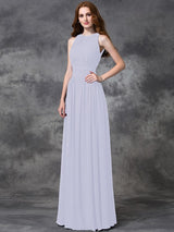 A-Line Charming Jewel Ruched Sleeveless Long Chiffon Bridesmaid Dresses
