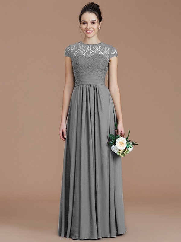 Charming Jewel Short Sleeves Lace Chiffon Bridesmaid Dresses-Ballbella