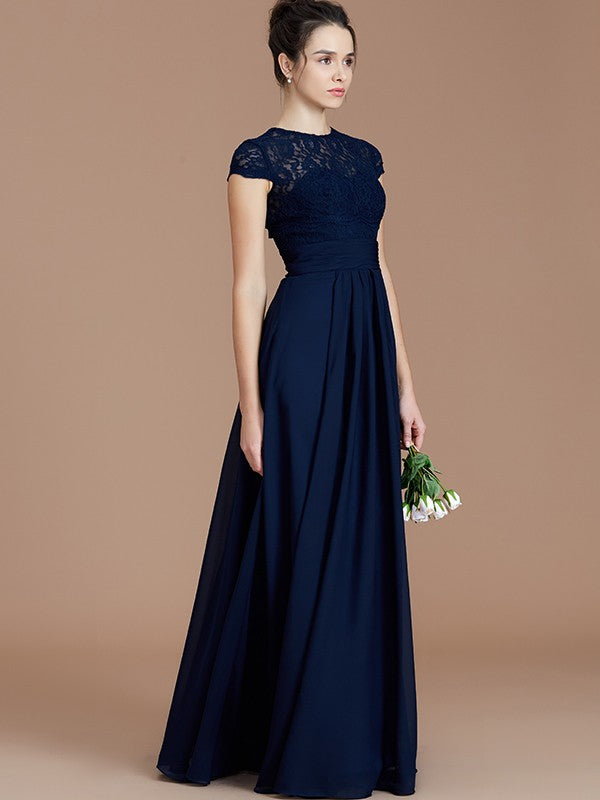 Charming Jewel Short Sleeves Lace Chiffon Bridesmaid Dresses-Ballbella