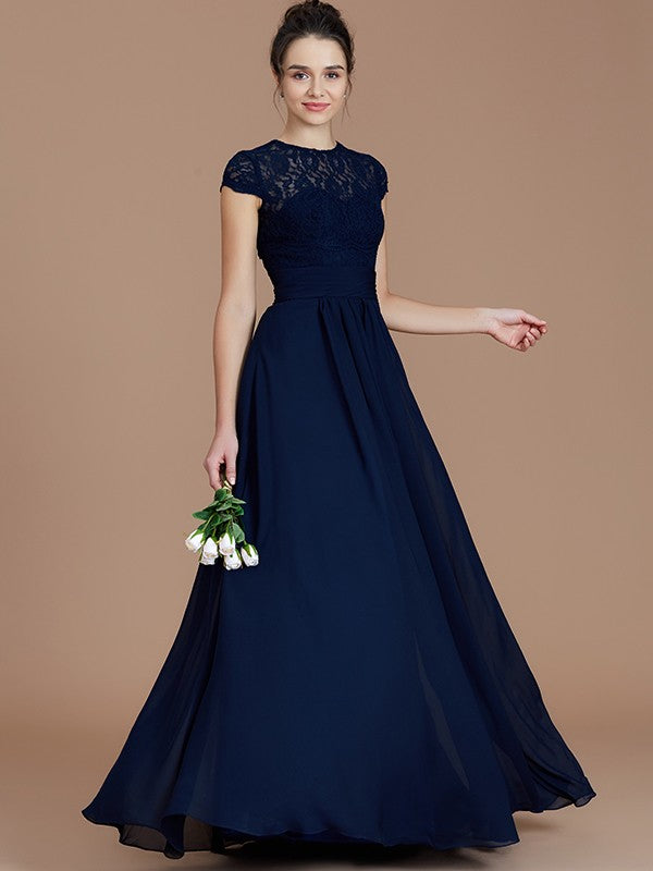 Charming Jewel Short Sleeves Lace Chiffon Bridesmaid Dresses-Ballbella