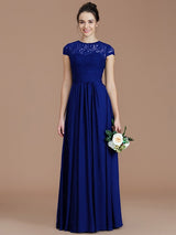A-Line Charming Jewel Short Sleeves Lace Chiffon Bridesmaid Dresses