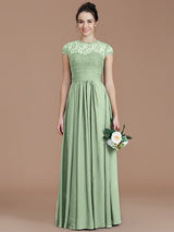 A-Line Charming Jewel Short Sleeves Lace Chiffon Bridesmaid Dresses