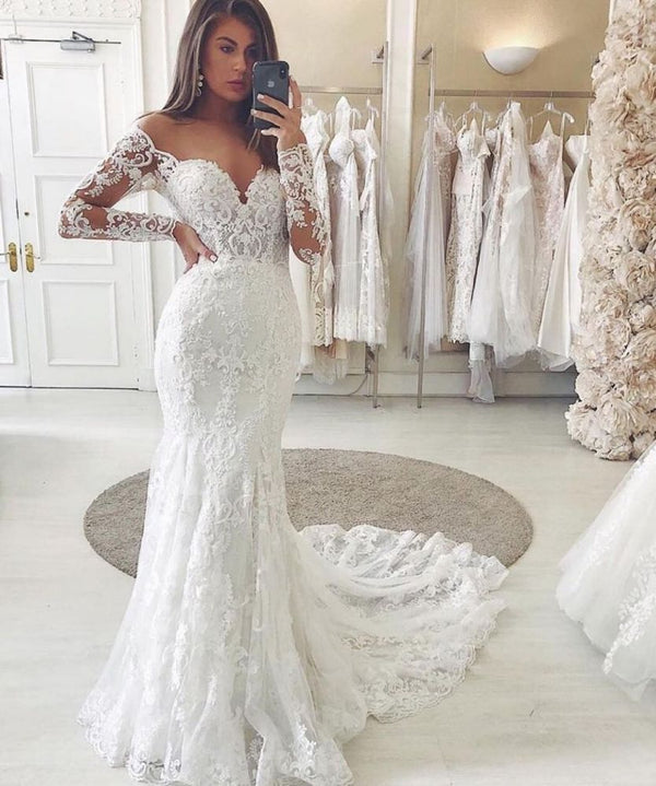 Ballbella offers Charming Lace Appliques Mermaid Wedding Gown Long Sleeves Sweetheart Bridal Dress at a good price, 1000+ styles, fast delivery.