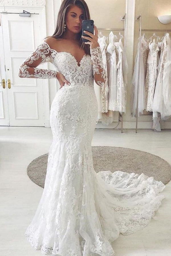 Ballbella offers Charming Lace Appliques Mermaid Wedding Gown Long Sleeves Sweetheart Bridal Dress at a good price, 1000+ styles, fast delivery.