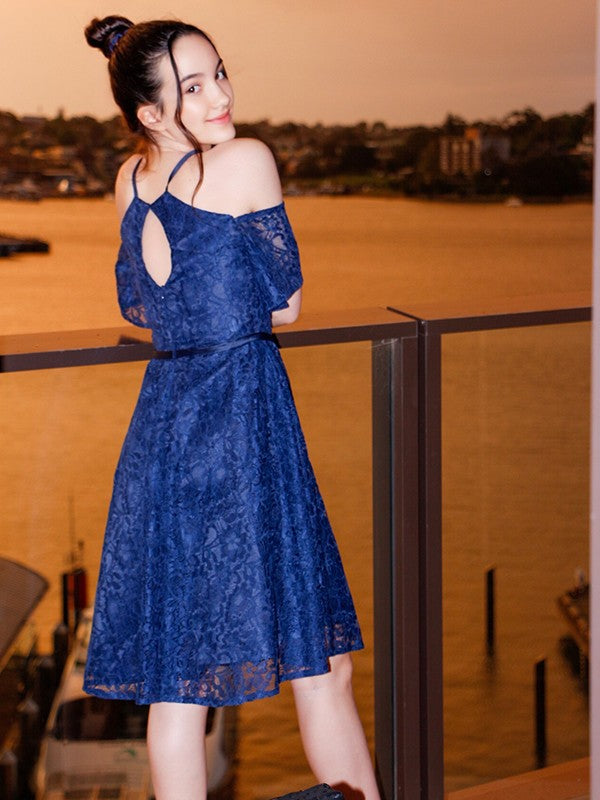 Charming Lace Ruffles Halter Short Sleeves Knee-Length Junior/Girls Bridesmaid Dresses-Ballbella